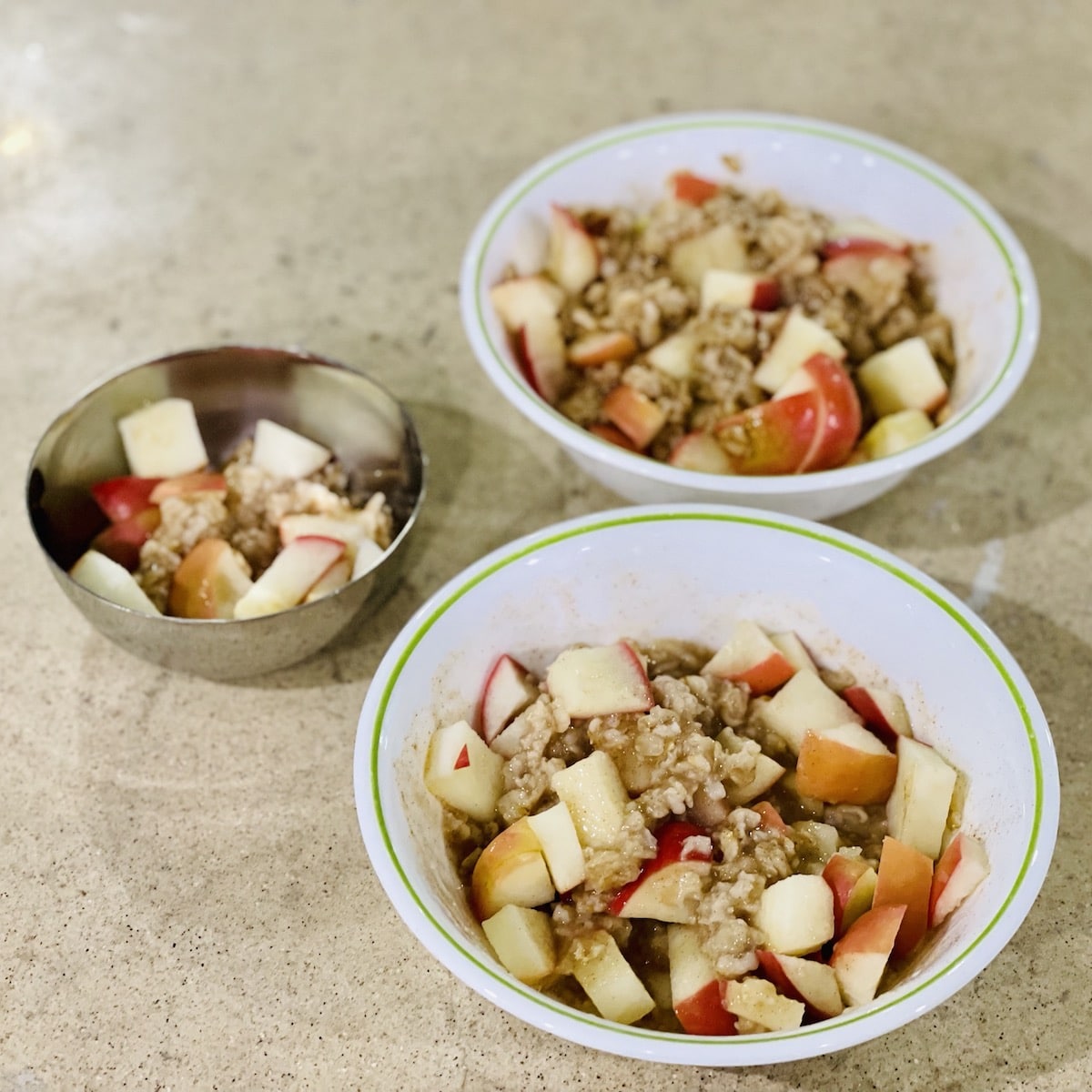 Anti-Inflammatory Oatmeal made with Old-Fashioned Oats, Diced Gala Apples, Cinnamon, and 1 tsp Honey. Packed with soluble fiber and anti-inflammatory foods.