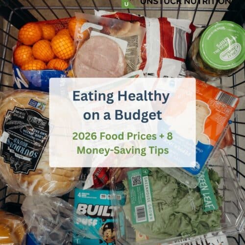 Grocery cart filled with everyday foods for eating healthy on a budget.