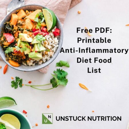 Image of anti-inflammatory bowl with variety of vegetables and whole grains. Free PDF: Printable Anti-Inflammatory Diet Food List from UNstuck Nutrition
