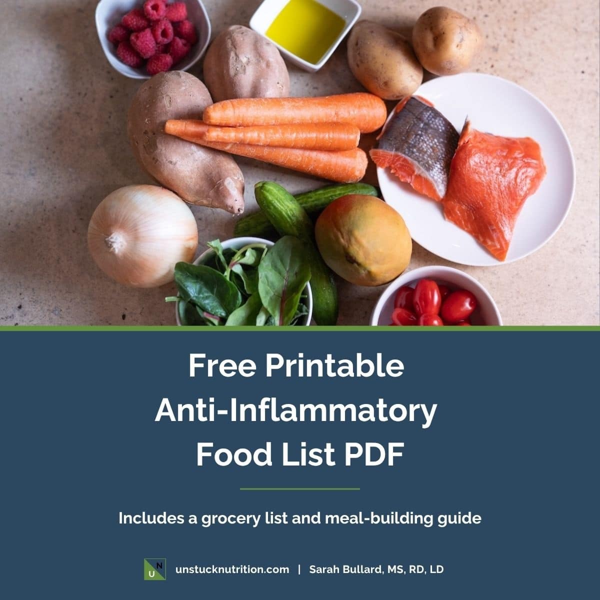 Free printable anti-inflammatory food list PDF with salmon, vegetables, fruit, olive oil, and grocery guide text overlay.