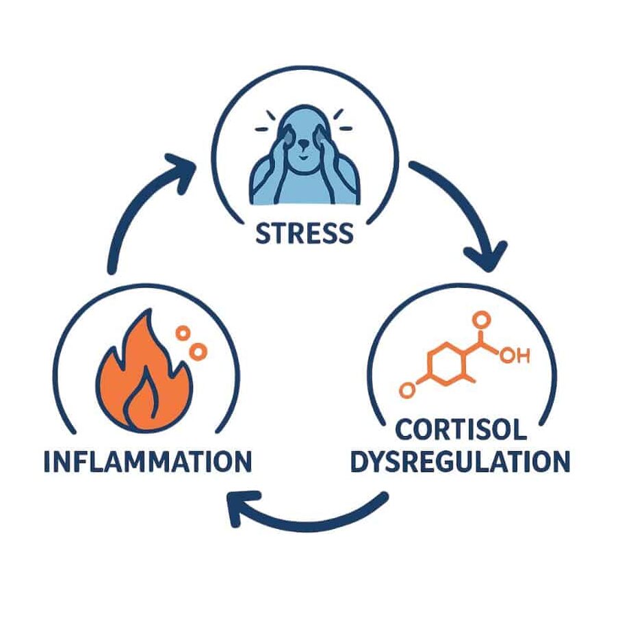 simplified cortisol, stress, inflammation cycle

stress → cortisol dysregulation → increased inflammation → more stress signaling