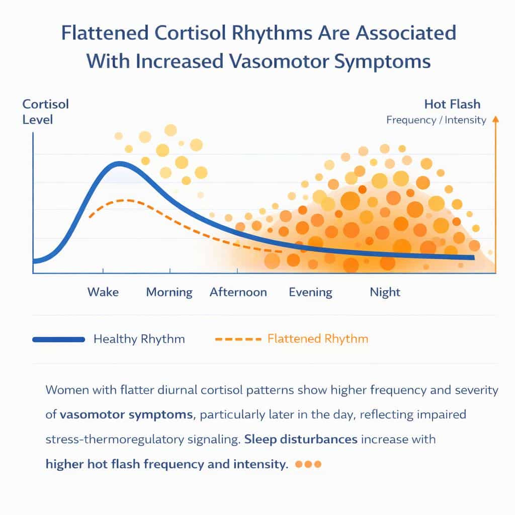 When the cortisol rhythm becomes disrupted, it often flattens. Especially when declining estrogen and midlife come into play. Estrogen normally buffers the stress system. The blue line is healthy and dotted is flattened rhythm.