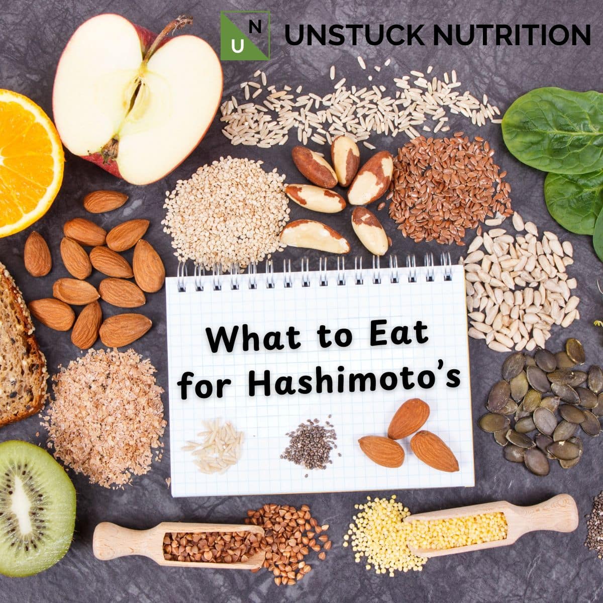 Hashimoto’s Thyroiditis Diet: What to Eat + Anti-Inflammatory Guide with image of anti-inflammatory foods and notebook