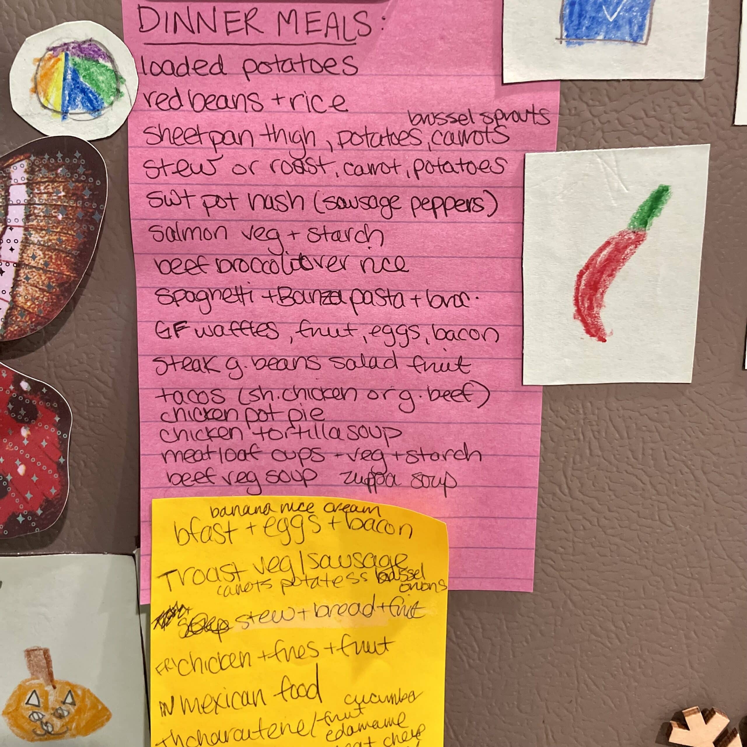A running list of family-approved meals makes weekly planning faster and easier. Post-it with more than 20 meal ideas.