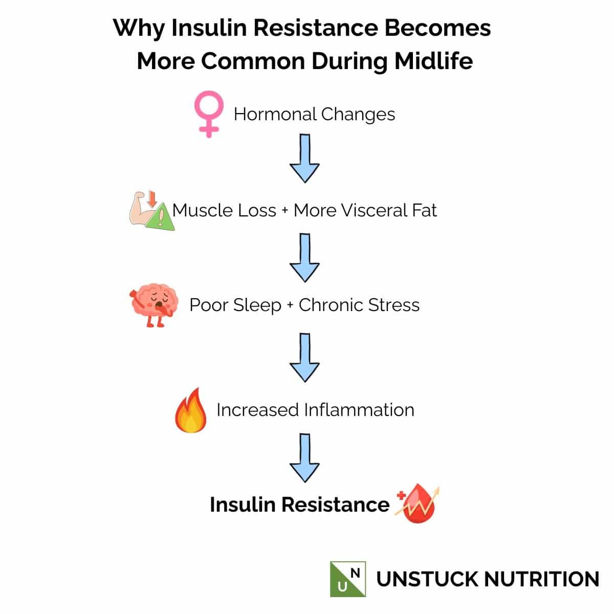 Infographic showing why insulin resistance becomes more common during midlife, including hormonal changes, muscle loss, increased visceral fat, poor sleep, chronic stress, inflammation, and insulin resistance.