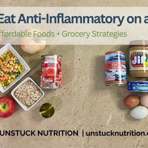 Affordable anti-inflammatory foods including oats, beans, fish, eggs, fruit, vegetables, peanut butter, and olive oil.