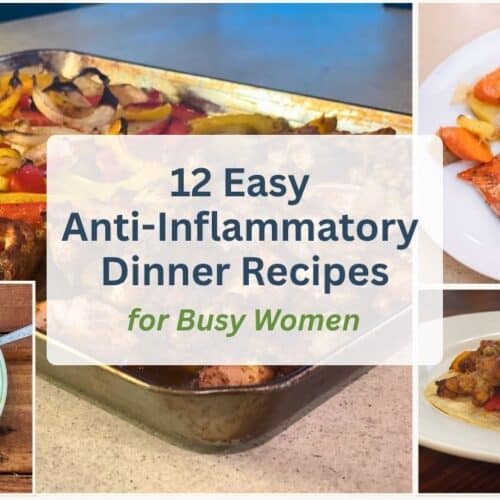 Collage of easy anti-inflammatory dinners including sheet pan chicken fajitas, salmon with vegetables, chickpea salad, and plates fajitas.