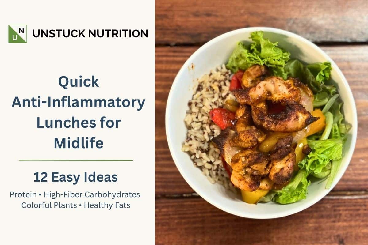 Quick anti-inflammatory lunch bowl with chicken, whole grains, peppers, and leafy greens.