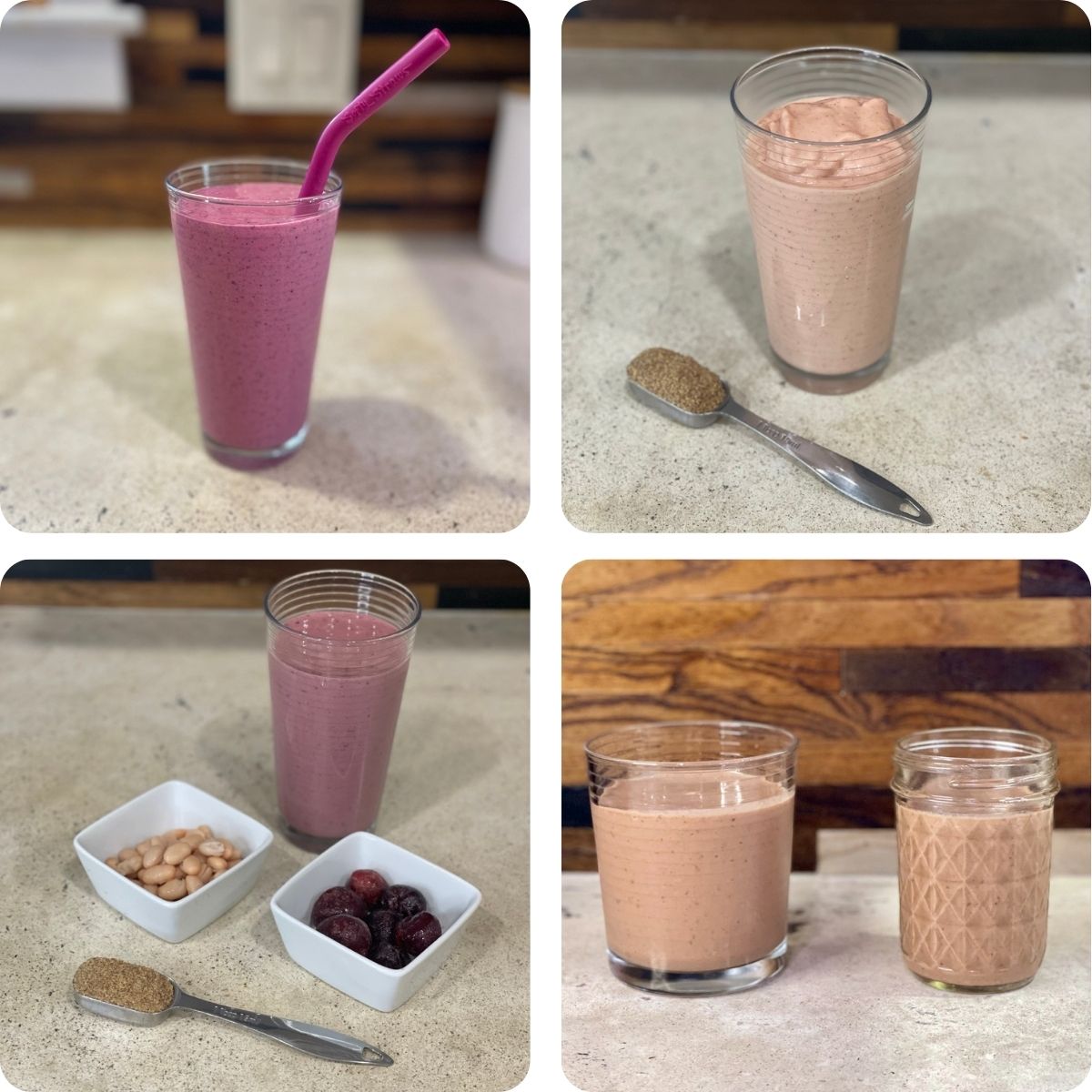 A collage of four anti-inflammatory smoothies: a pink berry smoothie, a pale peach tropical smoothie, a cherry and white bean smoothie with bowls of navy beans and frozen cherries, and a chocolate banana smoothie served in two glasses