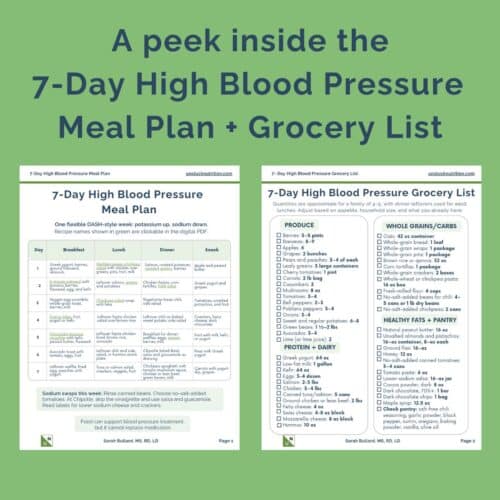 Preview of the free 7-Day High Blood Pressure Meal Plan and Grocery List printable from Unstuck Nutrition, showing a DASH-style weekly meal plan table and a grocery list for a family of 4 to 5.