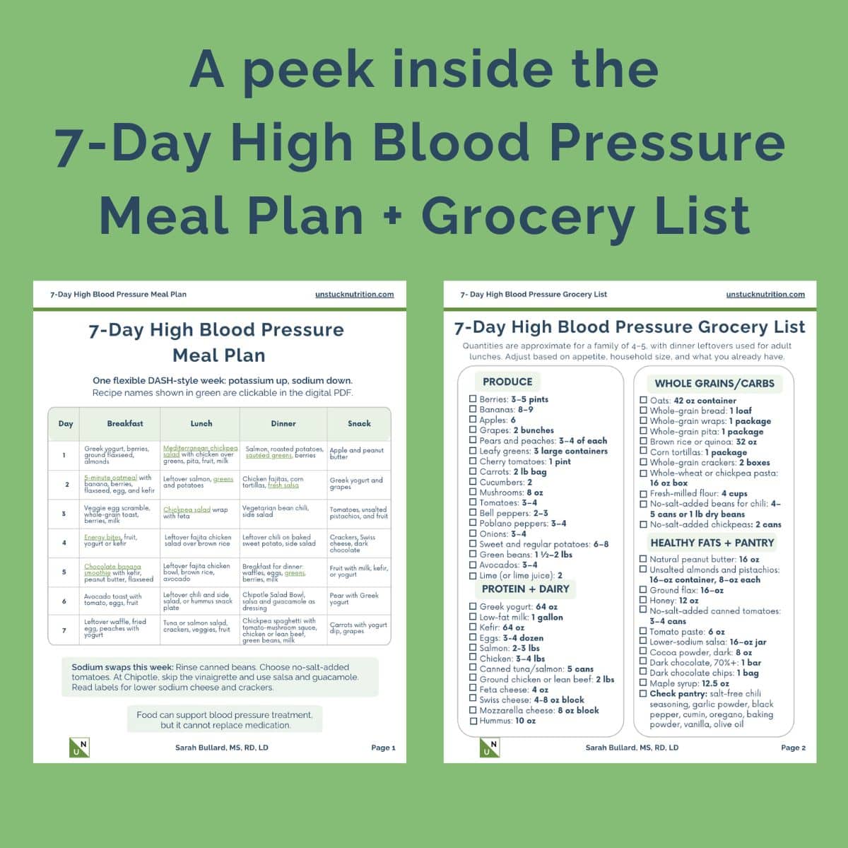 Preview of the free 7-Day High Blood Pressure Meal Plan and Grocery List printable from Unstuck Nutrition, showing a DASH-style weekly meal plan table and a grocery list for a family of 4 to 5.