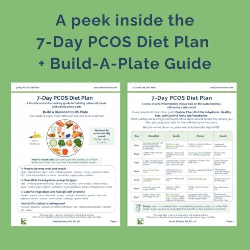 Preview of the free 7-Day PCOS Diet Plan printable from UNstuck Nutrition, with the Build Your PCOS Plate page and the week of meals