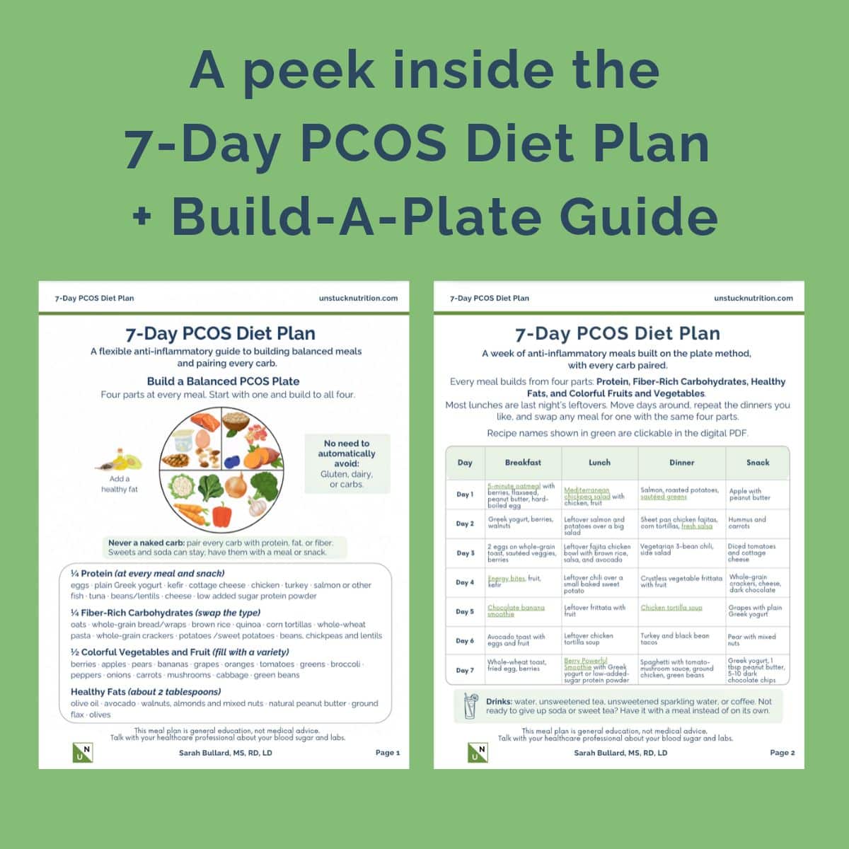 Preview of the free 7-Day PCOS Diet Plan printable from UNstuck Nutrition, with the Build Your PCOS Plate page and the week of meals