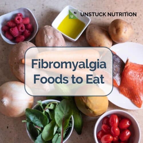 Fibromyalgia diet foods to eat: salmon, raspberries, olive oil, sweet potatoes, carrots, spinach, and tomatoes.