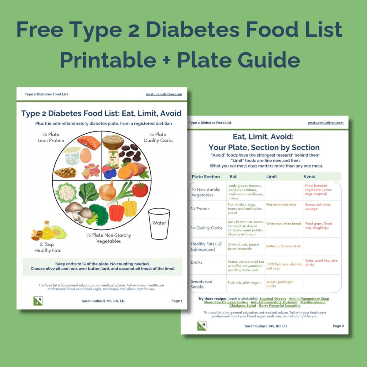 Preview of the free two-page Type 2 Diabetes Food List printable: an anti-inflammatory diabetes plate on page 1 and an eat, limit, avoid table by plate section on page 2.
